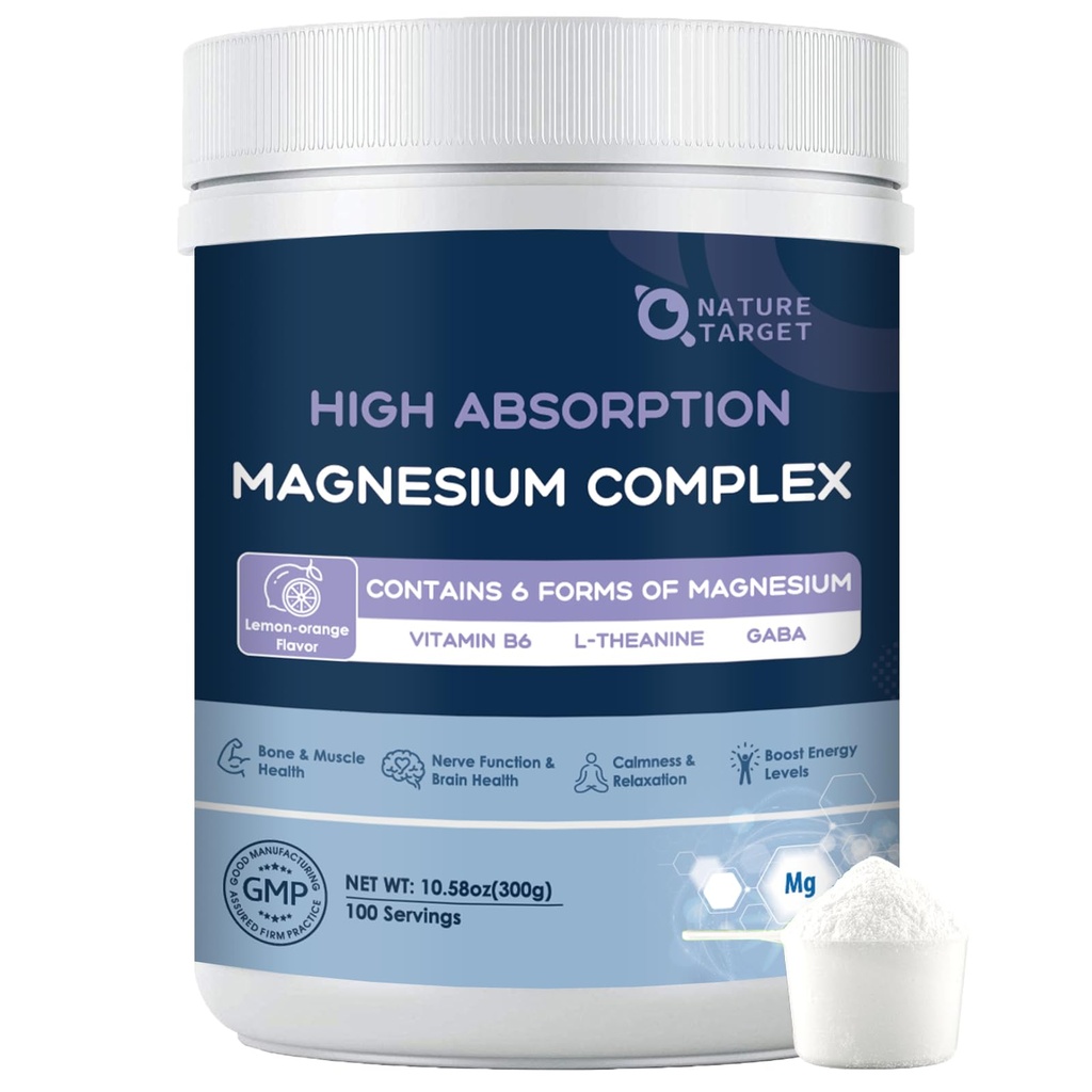 NATURE TARGET Magnesium-Pulver-Ergänzung mit Glycinat, Citrat, Malat, Magnesium-Komplex mit L-Theanin & Vitamin B6 für Muskel, Herz und Gehirn, Vegan, 10.58 Unze (100 Servierungen), Zitronen Orange Flavor