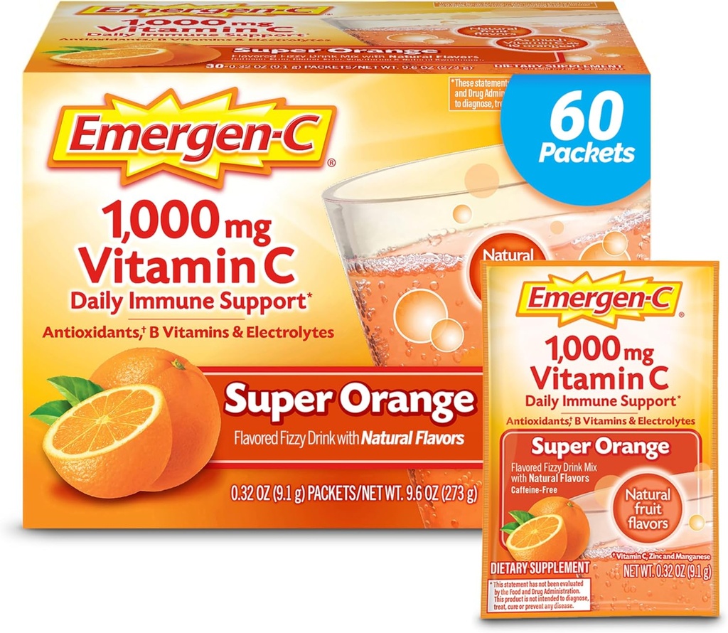 Emergen-C 1000mg Vitamin C Pulver für tägliche Immununterstützung Koffeinfreie Vitamin C Ergänzungen mit Zink und Mangan, B Vitamine und Elektrolyte, Super Orange Flavor - 60 Count/2 Month Versorgung