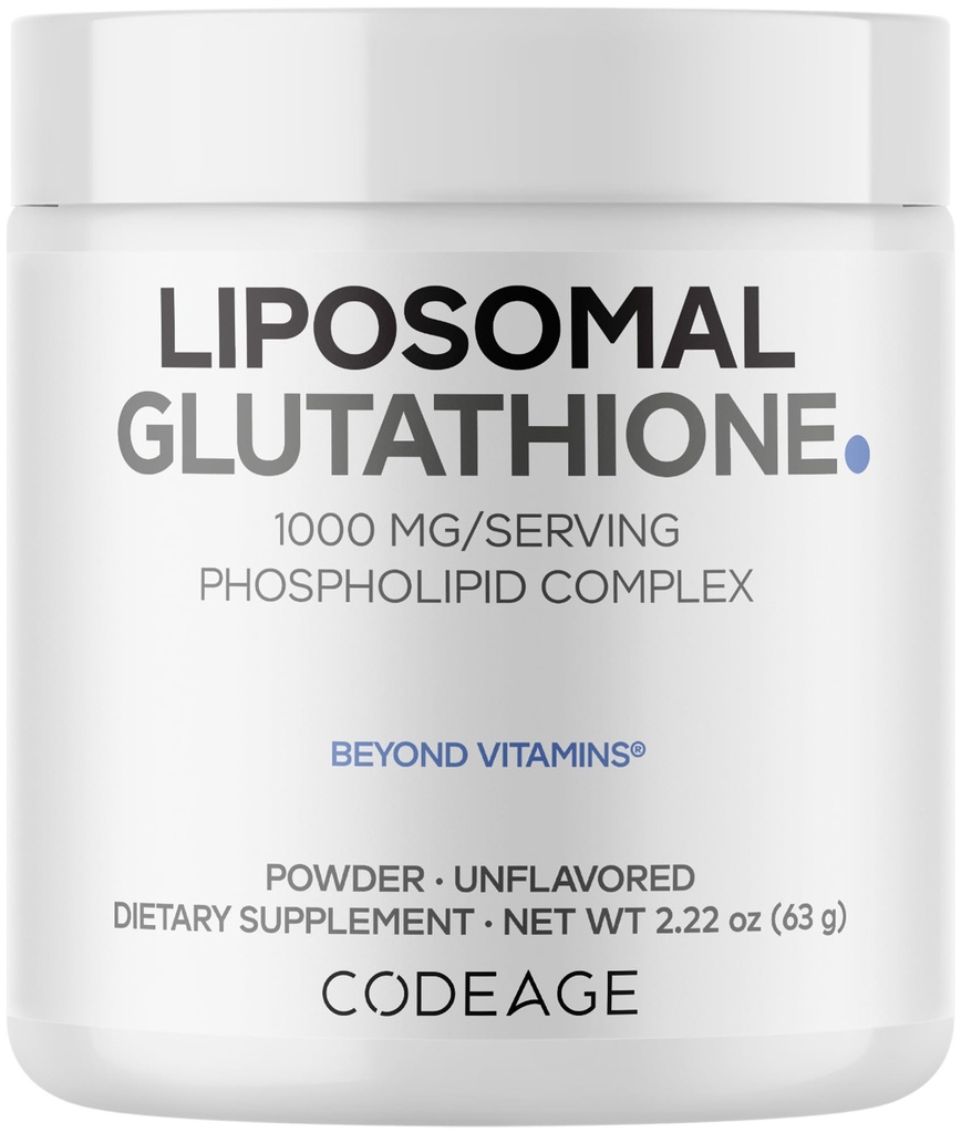 Codeage Liposomal Glutathione Pulver - 1000 mg Vegan reduziert L-Glutathione pro Servieren, Liposomale Lieferung - 2-Monats-Versorgung - Unflavored - Phospholipid - Non-GMO Gluten-Free - 2.22 Oz