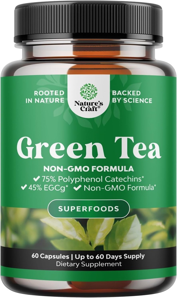 Capsules d'extrait de thé vert - 500mg Pure Leaf Supplément de caféine verte - EGCG, Extrait de caféine et Supplément de polyphénols pour le métabolisme sain Soutien pour les femmes et les hommes - Détox naturel - 60 Compte
