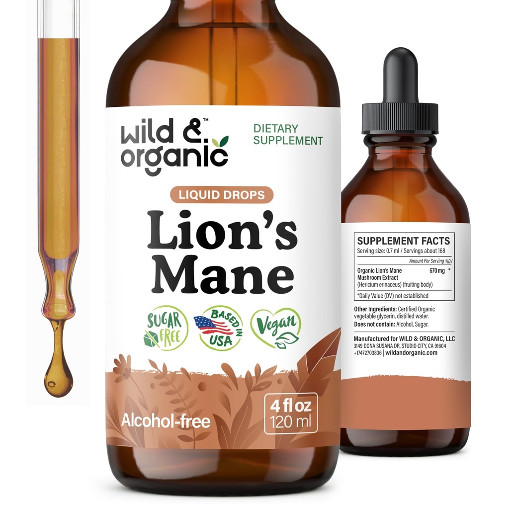 Wild & Organic Lions Mane Liquid Drops - Brain & Focus Support - Lion's Mane Mushroom Supplement - Hericium Erinaceus Mushroom Drops - Vegan, Zucker & Alkoholfreie Extraktzutat - 4 fl oz