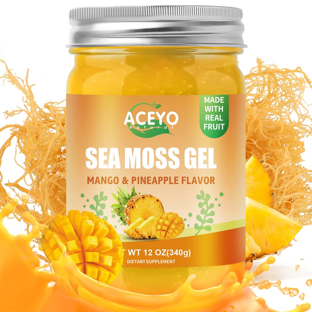 ACEYO (12 OZ) Irish Sea Moss Gel Raw Vegan Mango Ananas Flavor 102 Vitamine und Mineralien Wild Harvested Non-GMO Immune Defense Booster Schilddrüse Verdauungsunterstützung
