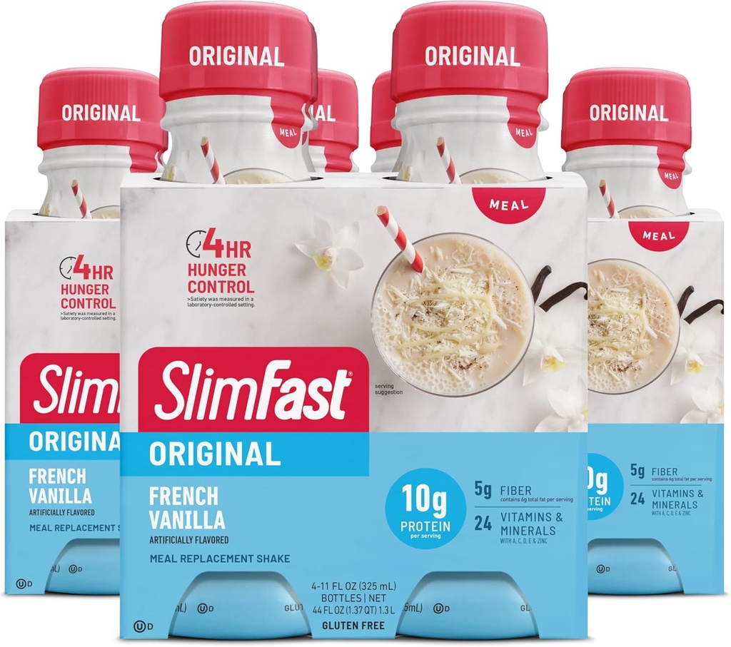 SlimFast Meal Ersatz Shake, Original French Vanilla, 10g Ready to Drink Protein, 11 Fl. Oz Bottle, 4 Count (Pack of 3) (Packaging May Vary)