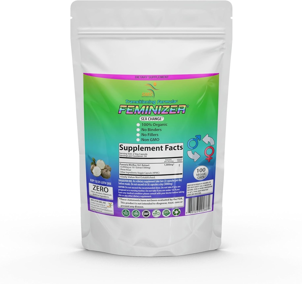 Feminizer Sex Change Pillen per SMS, 100 Veggie Caps Pueraria Mirifica Für Estrogen 1000mg Pure 10:1 Wurzelextrakt Pulver - Kwao Krua Kao - Premium Grade, Organisch für Frauen, Transgender, Ladyboy, LGBT