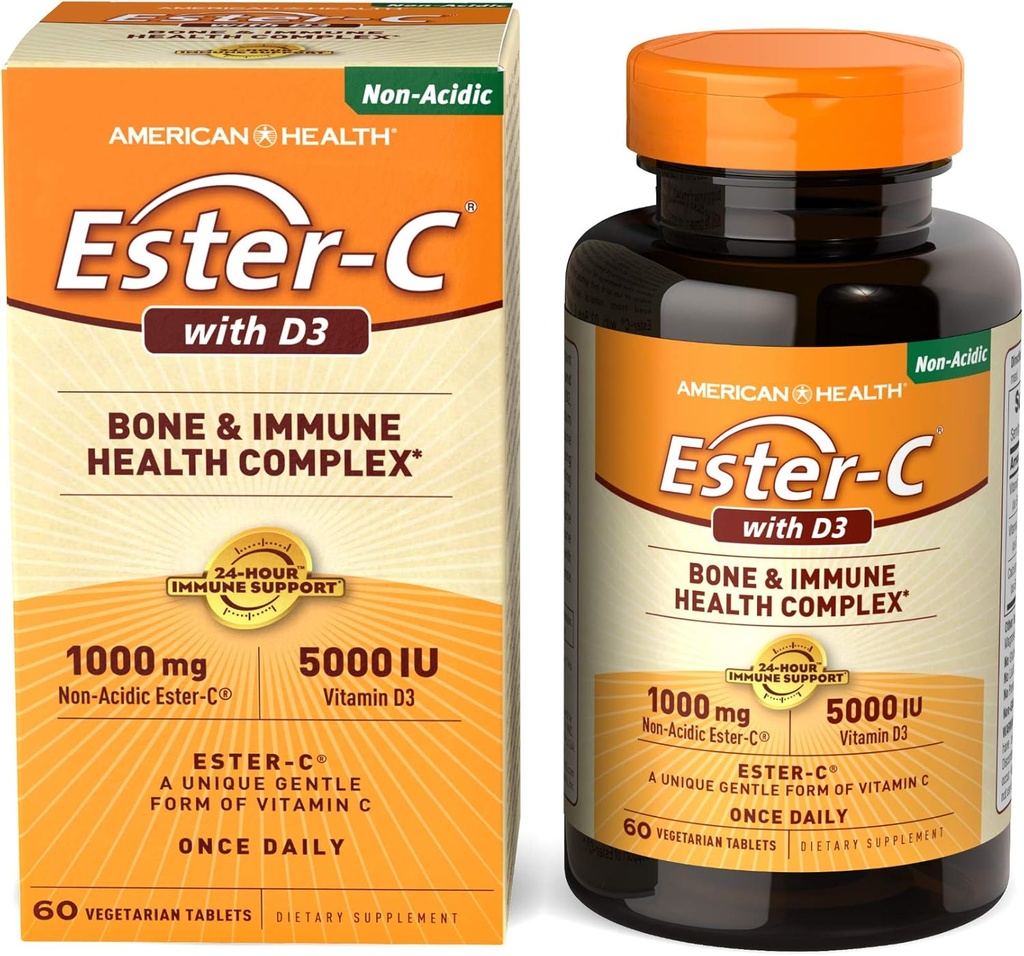 American Health EsterC mit D3 Knochen Immun Complex Vegetarische Tabletten 24 Stunden Immununterstützung 1000 mg EsterC 5000 IU Vitamin D3 NonAcidic Vitamin C Servierungen, 60 Zähler