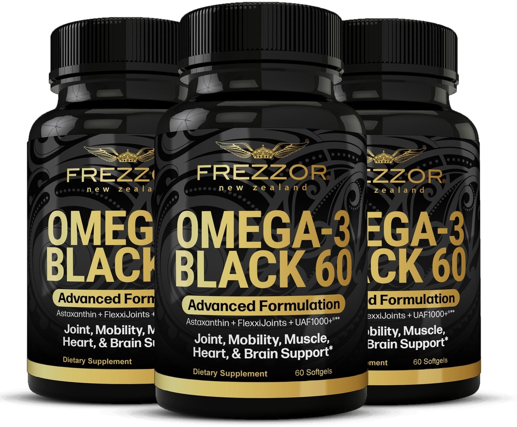FREZZOR Omega 3 Schwarz für Joint Care & Comfort - Neuseeland Green Lipped Mussel Öl Kapseln; 53x Höhere Potenz mit UAF1000+ Super Antioxidant, kein Fishy Nachgeschmack, 60 Count (Pack von 3)