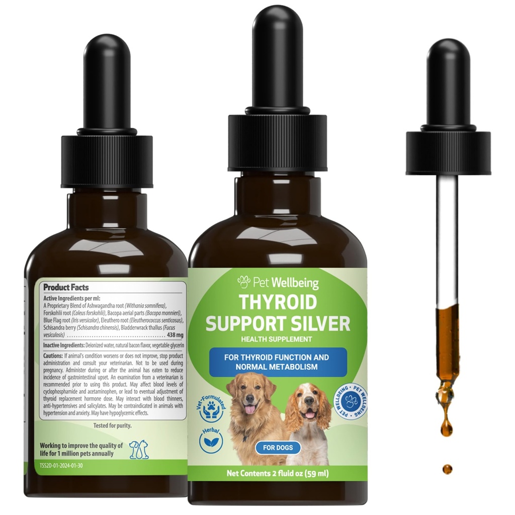 Pet Wellbeing Schilddrüse Unterstützung Silber für Hunde - Unterstützt Balanced Thyroid Funktion, Gesunde Stoffwechsel, Normale Energie, Ashwagandha, Bacopa - Veterinarian-Formulierte Kräuterergänzung 2 oz (59 ml)