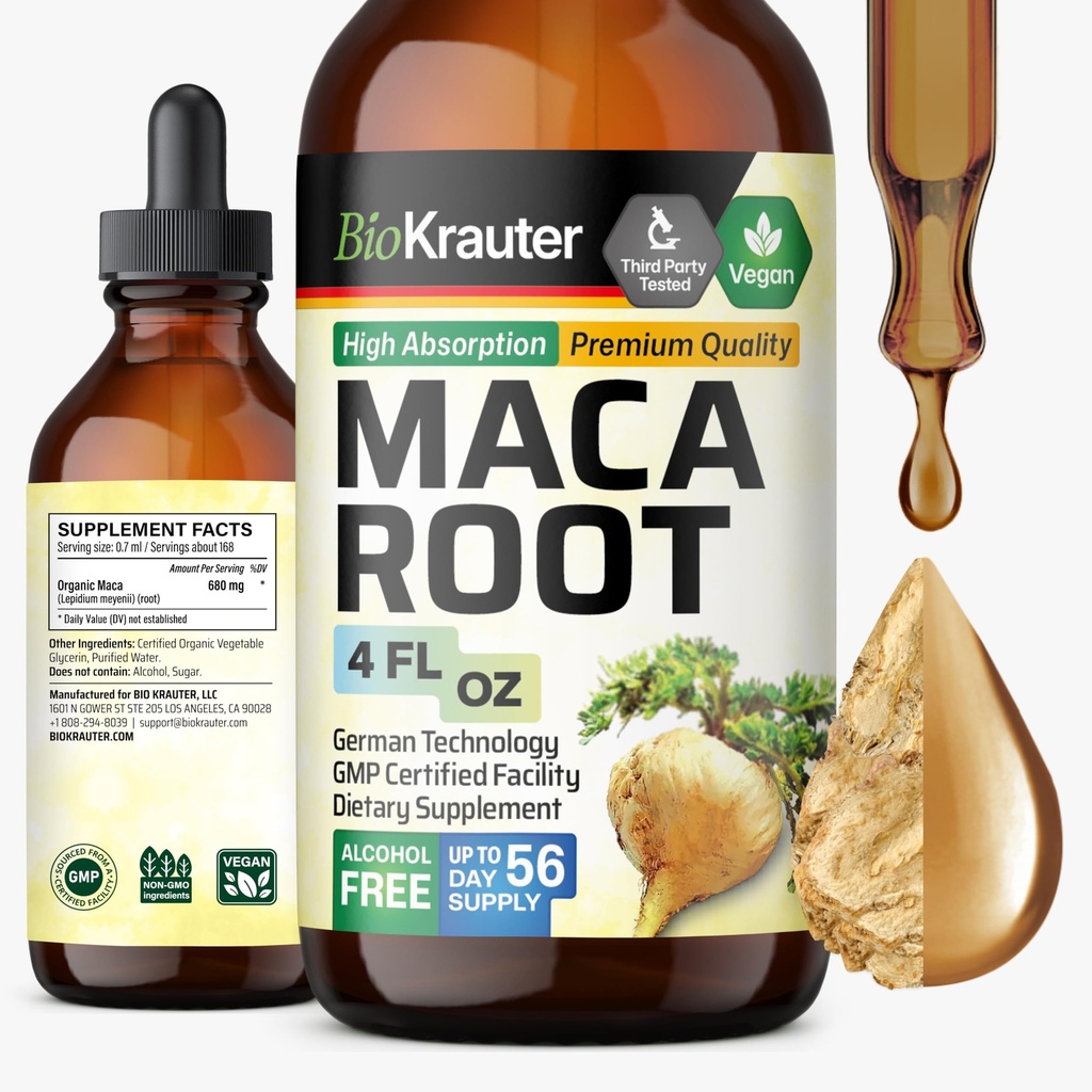 BIO KRAUTER Maca Root Liquid Drops - Maca Extract Tincture - Vegan, Zucker & Alkohol freier Extrakt 4 Fl.Oz.