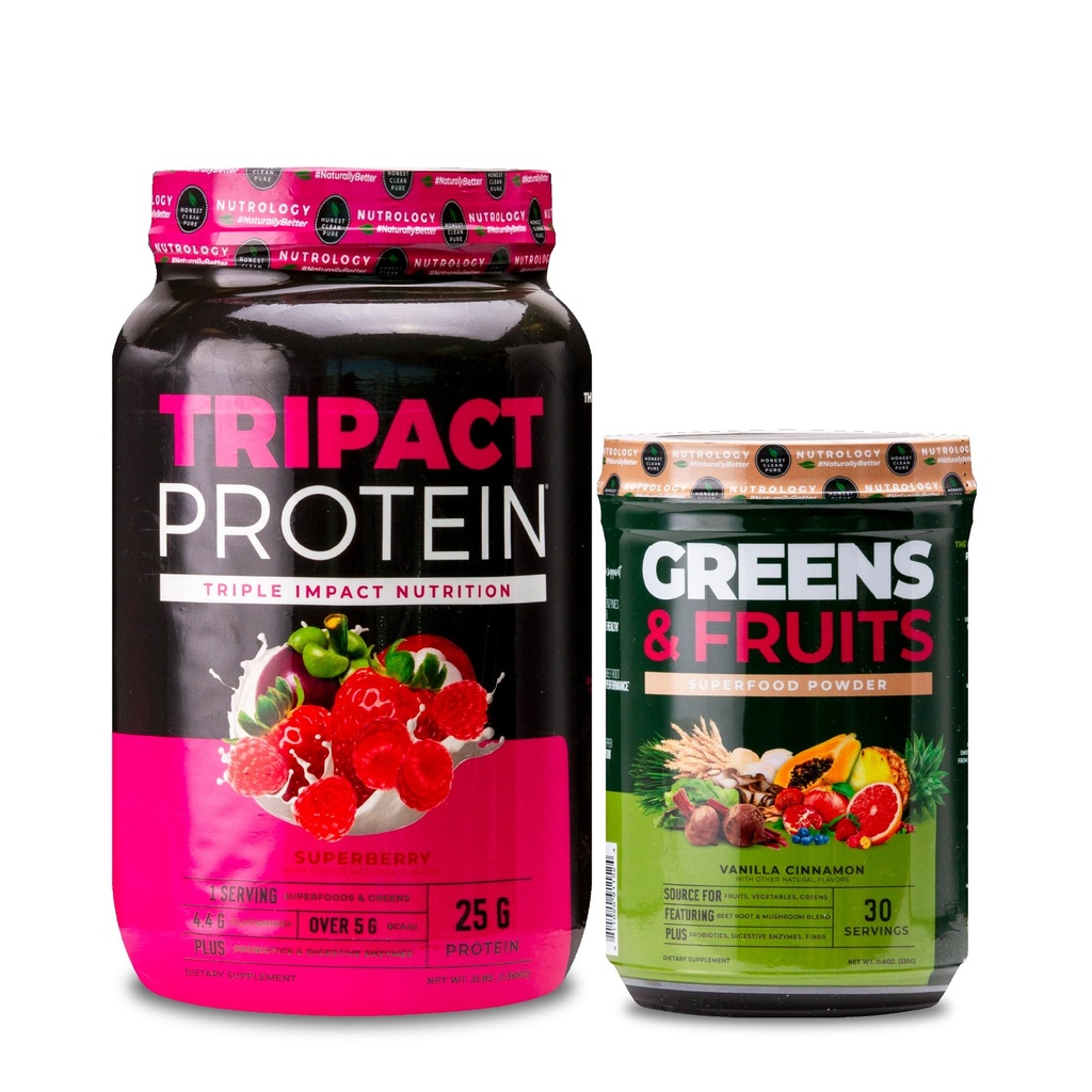 Nutrologie TRIPACT Protein Pulver, 7-in-1 Meal Ersatz Shake, Superberry (40 Servierungen) Greens & Fruits Powder-Naturally Sourced Superfood, Vanilla Cinnamon (30 Servierungen)