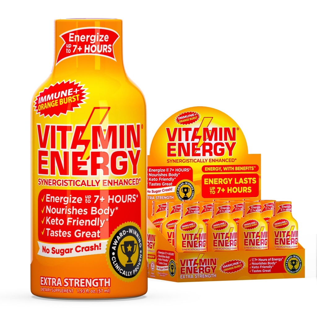 Vitamin Energy Immune+ Extra Strength Energy Shot Orange Burst 12 Pack, 260mg Natürliche Koffein, B-Vitamine, Citicoline, Grüner Tee, Immunität & Focus Support, Zero Sugar, Gluten-Free 1.93 fl oz