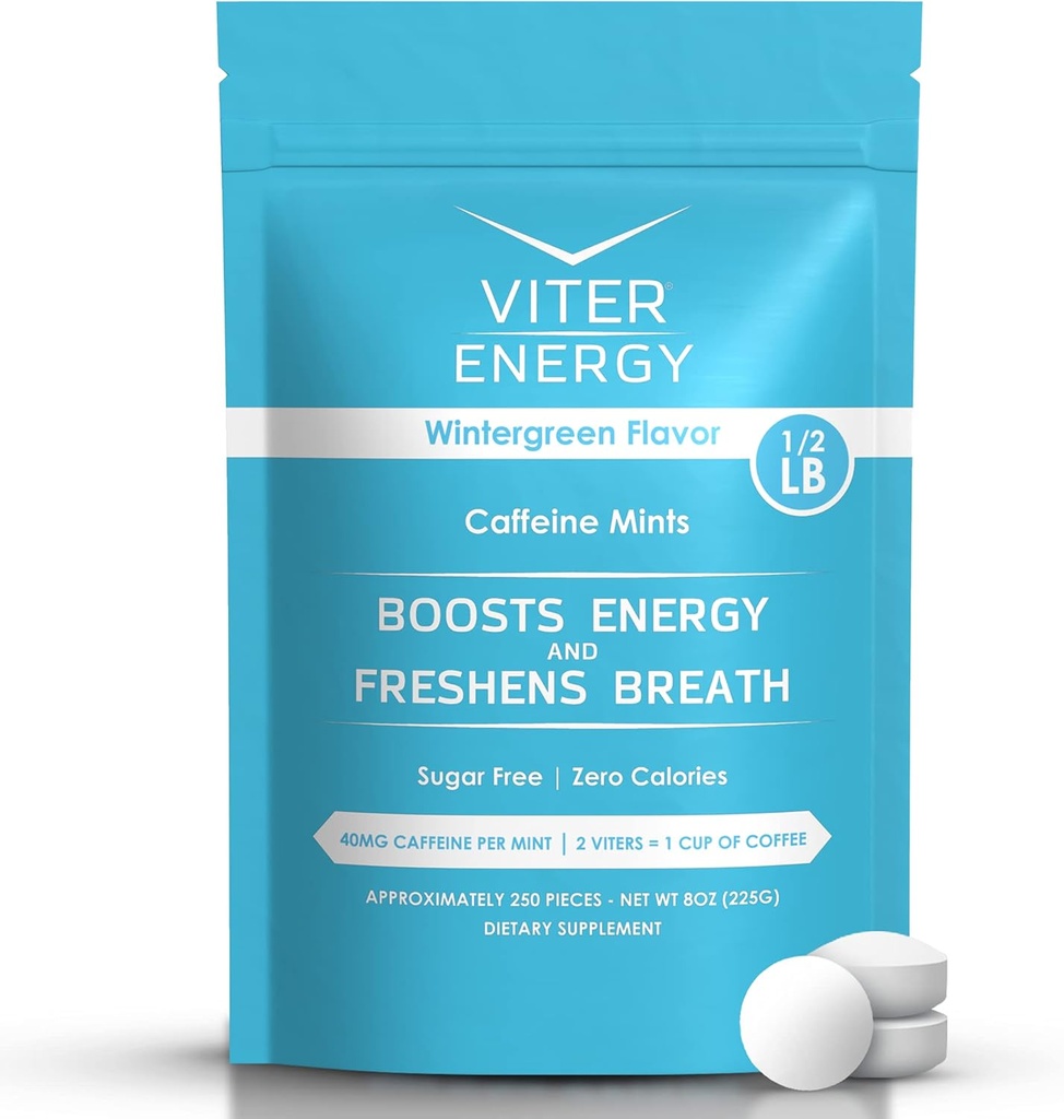 Viter Energy 40mg Koffein Minze - Zuckerfrei, B Vitamine, Vegan, Boosts Fast Energized Alert Focus, Koffeinierte Nootropic Ergänzung Pillen (Wintergreen Flavor, 8oz, Bulk Bag)