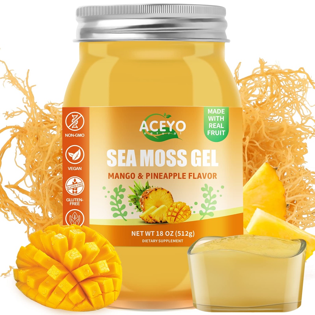 ACEYO (18 OZ) Irish Sea Moss Gel Raw Vegan Mango Ananas Flavor 102 Vitamine und Mineralien Wild Harvested Non-GMO