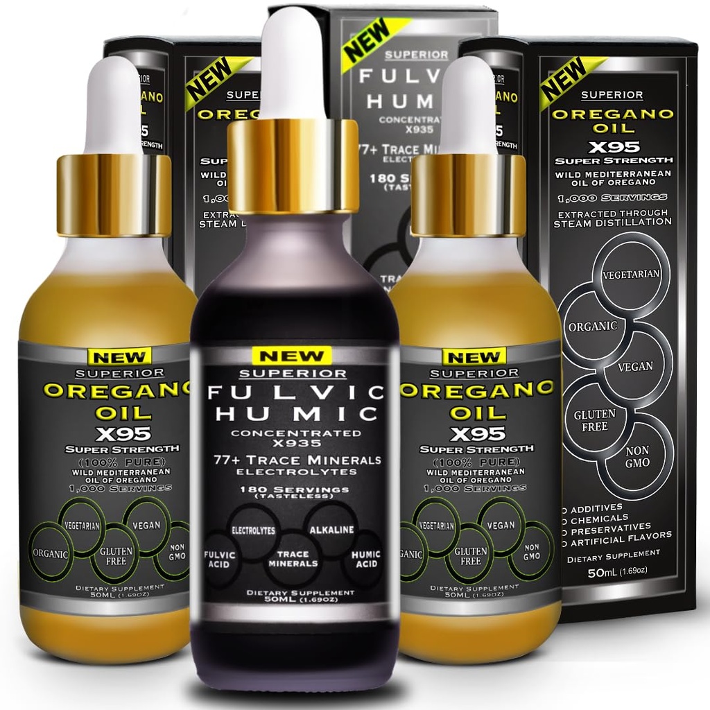 Fulvic Humic Acid Ionic Trace Minerals avec Electrolytes Liquid Supplement Plus Oil Drops Super Strength Plus Versatile Puis Huile d'Origan Softgels et Capsules
