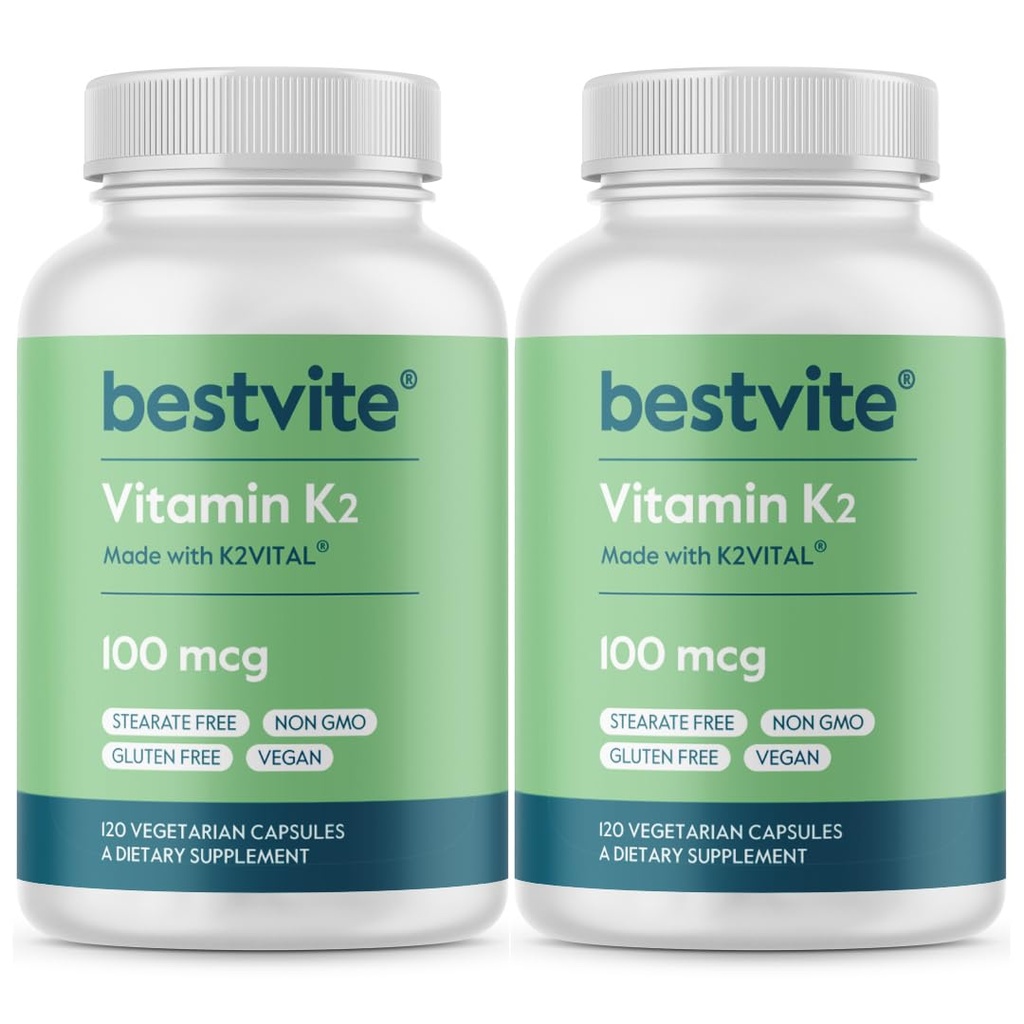 BESTVITE Vitamin K2 100 mcg als MK-7 (240 vegetarische Kapseln)(120x2) - No Stearates - Vegan - Non GMO - Glutenfrei