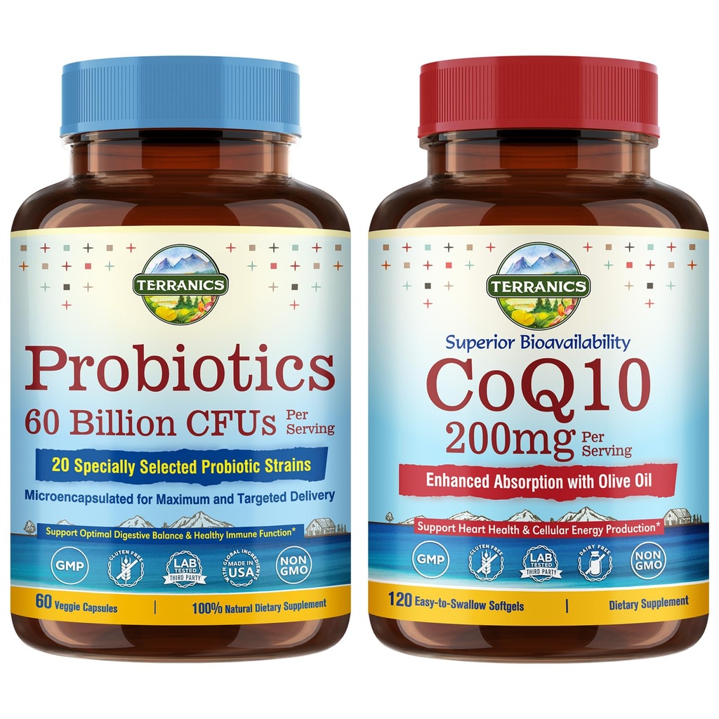 Terranics Probiotiques & CoQ10 Bundle, Heart & Digestion Health, 60 milliards de probiotiques, Coenzyme bioactive Q10 200mg, Extra Virgin Olive Oil, Bundle & Save