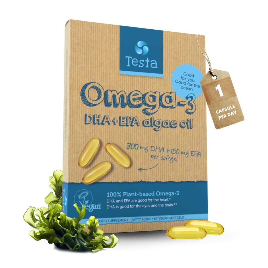 Testa Omega-3 Supplement - Veganbasierte Omega 3 DHA EPA Kapseln von Algae - Omega 3 Fettsäuren - Unterstützt Herz, Gehirn & Gelenke Gesundheit - Kunststoff Negative, RTG und Kosher - Zwei Monate Versorgung