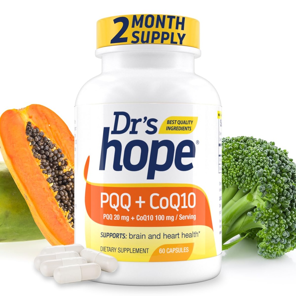 PQQ CoQ10 - PQQ 20mg avec CoQ10 100mg, supplément PQQ avec Coenzyme Q10 supplément soutient la santé du cerveau, 60 capsules de légumes - 1 gélule par portion