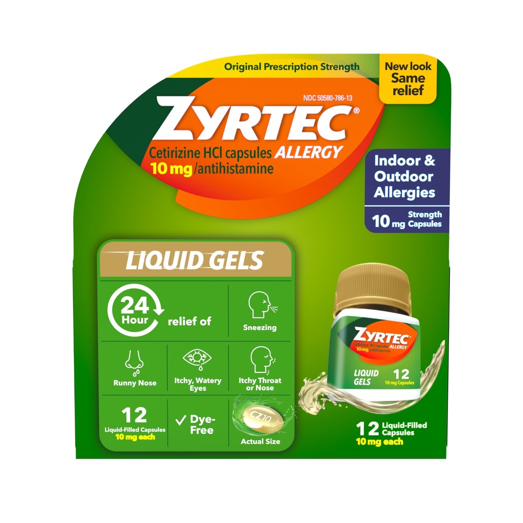 Zyrtec 24 heures Gels liquides antiallergiques, Capsules d'antihistaminique avec Cétirizine HCl Allergie Médecine pour soulager toute la journée du nez de runny, éternuer, yeux démangeants et plus, 12 Compte