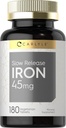 Carlyle Slow Release Iron 45 mg (180 comprimés) Supplément minéral de sulfates ferreux (pour hommes et femmes) Formule végétarienne, sans OGM et sans gluten
