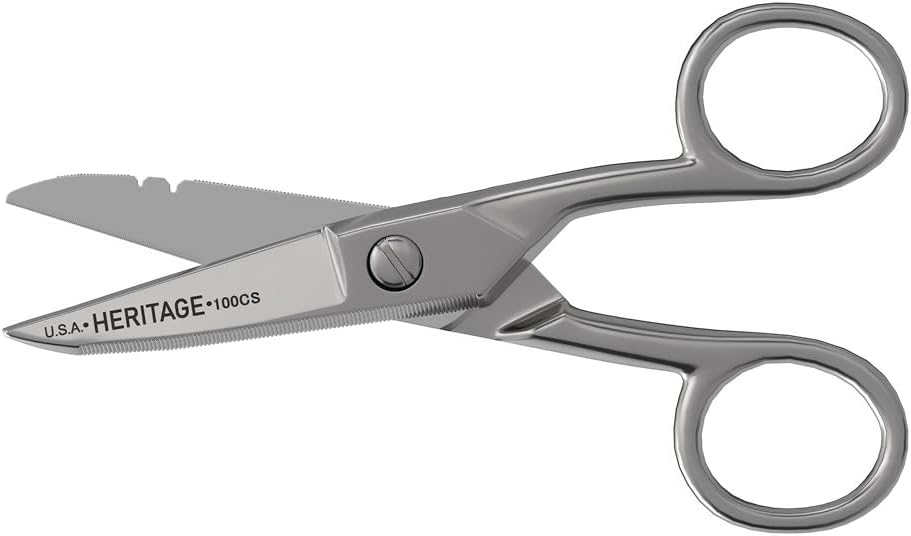 Klein Tools 100CS All-Purpose Precision Scissors, Made in USA, 5.25-Zoll Nickel-Platte Snips, Blunt Tip, und Draht Stripping Notches, Multi-Purpose für professionelle und Heimnutzung