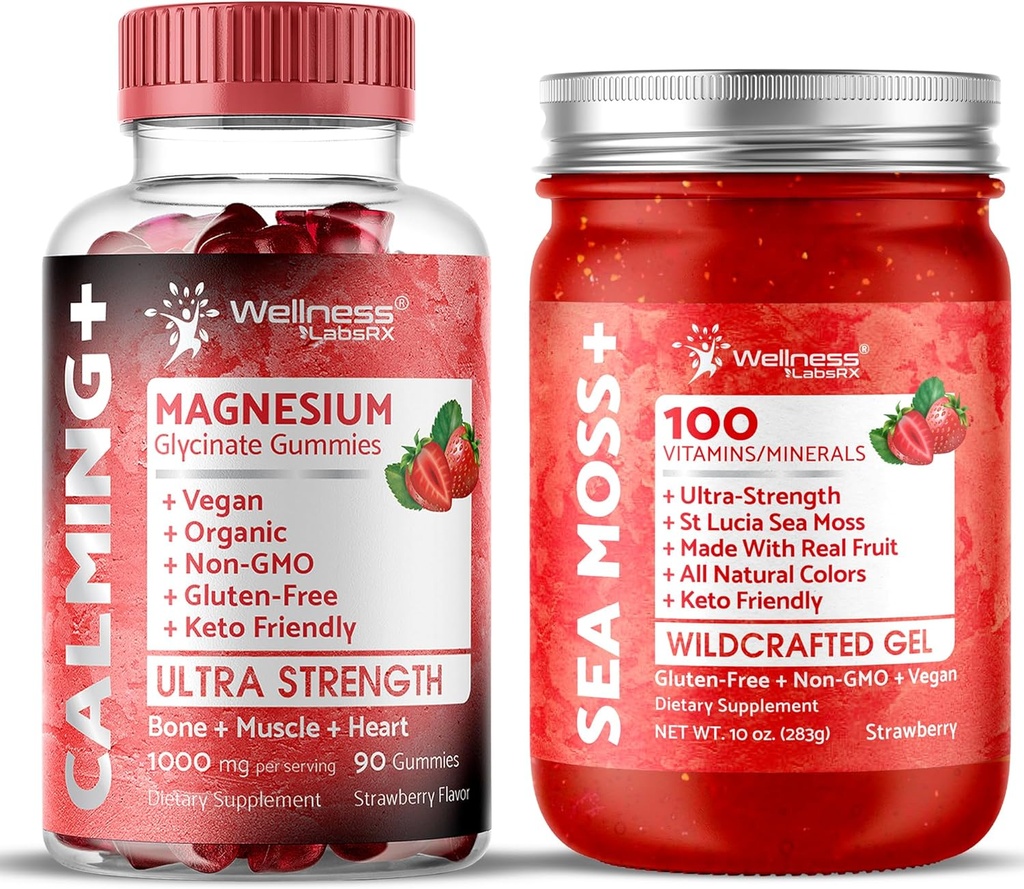 WELLNESS LABSRX Irish Sea Moss Gel Strawberry Flavor - Magnesium Glycinate Gummis 1000mg