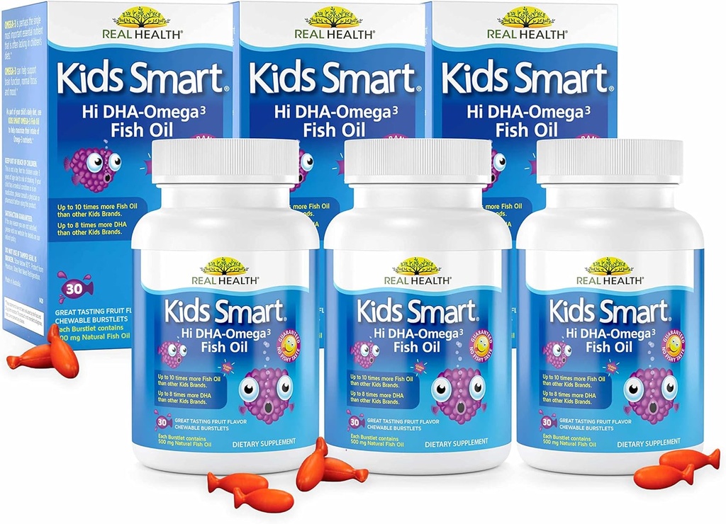 Real Health Bioglan Kids Smart Omega 3 Fischöl, 30 Kaubare Burstlets (Pack mit 3)