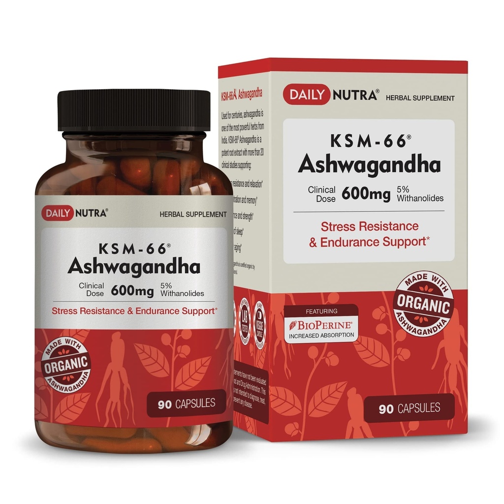 DailyNutra KSM-66 Ashwagandha 600mg Bio-Root-Extrakt - Hohe Potenz-Ergänzung mit 5% Withanolides | Relieves Reifen, unterstützt Entspannung, Fokus, Energie, & Muskelwachstum (90 Kapseln)