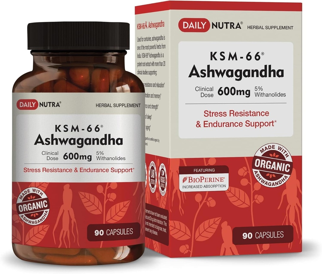 DailyNutra KSM-66 Ashwagandha 600mg Bio-Root-Extrakt - Hohe Potenz-Ergänzung mit 5% Withanolides | Relieves Reifen, unterstützt Entspannung, Fokus, Energie, & Muskelwachstum (90 Kapseln)