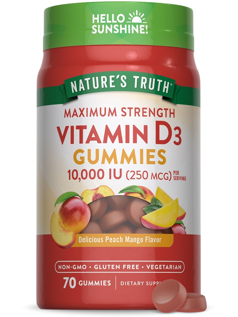 Nature's Truth Vitamin D3 Gummies | 10000 IU | 70 Count | Peach Mango Flavor | Vegetarisch, Non-GMO & Gluten Kostenlose Ergänzung