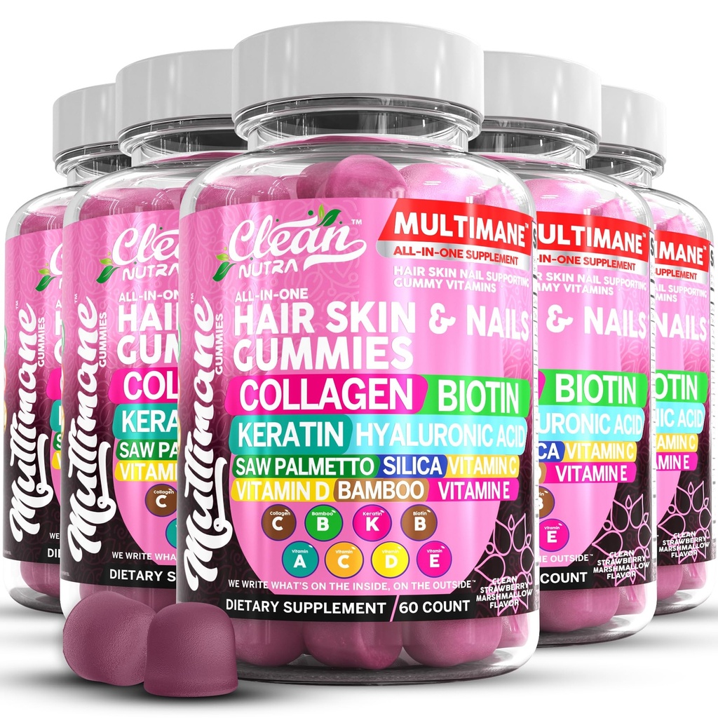 Gommies de collagène multimane avec biotine Keratin Acide hyaluronique Bamboo Vitamine A C Vitamine D Vitamine E Flate Saw Palmetto Silica B3 Vitamines Peau et ongles Gommies par Nutra propre