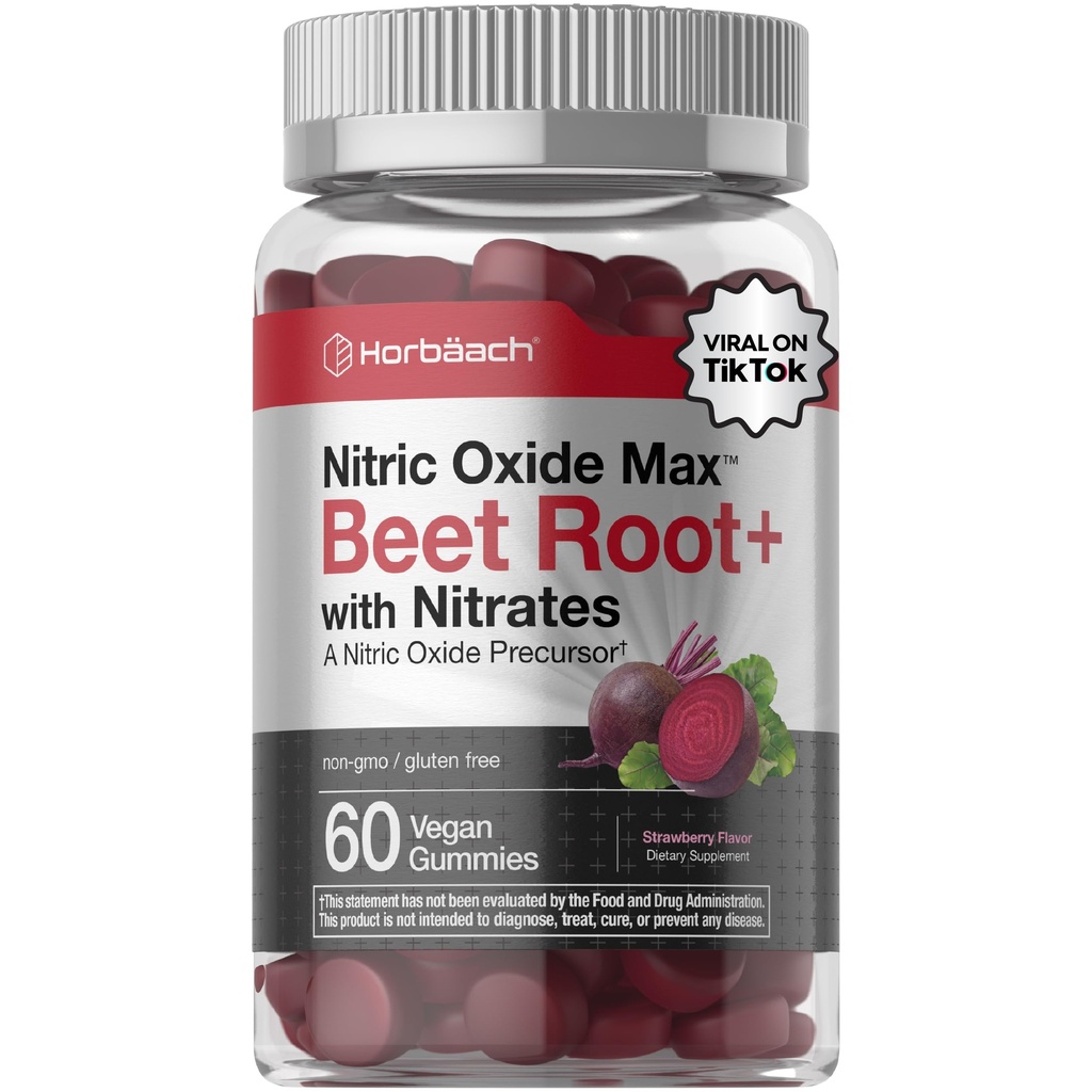 Horbäach Nitric Oxid Beet Root Gummies | 60 Count | mit Nitrate | Erdbeeren Geschmack | Vegan, Non-GMO, Glutenfreie Ergänzung