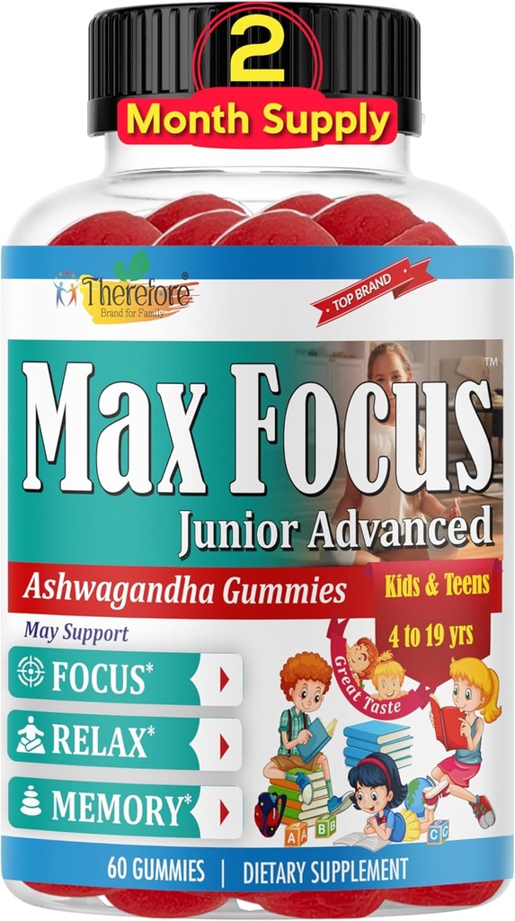 Max Focus Junior – Kids Focus & Calm Gummies | Calming & Attention Support Supplement für Kinder & Jugendliche mit Ashwagandha | Brain Vitaminen | Vegan, Non-GMO, 60 Gummis