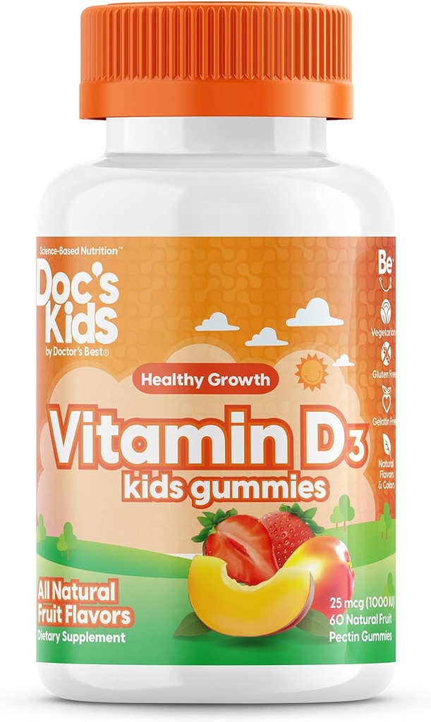 Doctor's Best Doc's Kinder Vitamin D3 Gummis 1000iu, unterstützt gesunde Knochen & Zähne, Immungesundheit, Calciumabsorption, 60 Zähler