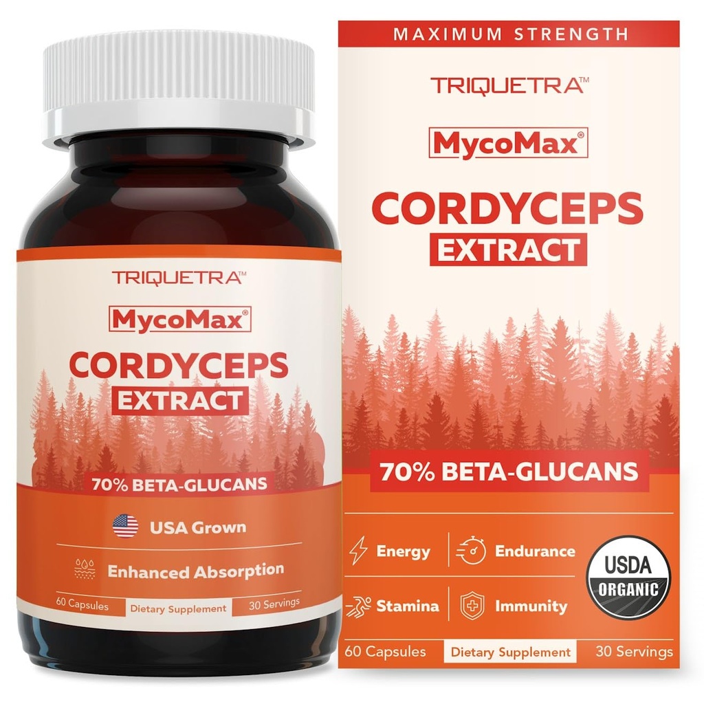 Extrait de champignons de Cordyceps bio - 70% Beta Glucans - Les niveaux les plus élevés d'éléments nutritifs actifs, Capsules de Cordyceps de puissance maximale, É.-U.