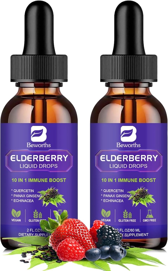 Elderberry Syrup | Organic Quercetin Black Elderberry Flüssigkeitstropfen für Kinder & Erwachsene | Sambucus Elderberry Extrakt mit Vitamin C, D3, Zink | Vegan, Glutenfrei, 2 Pack