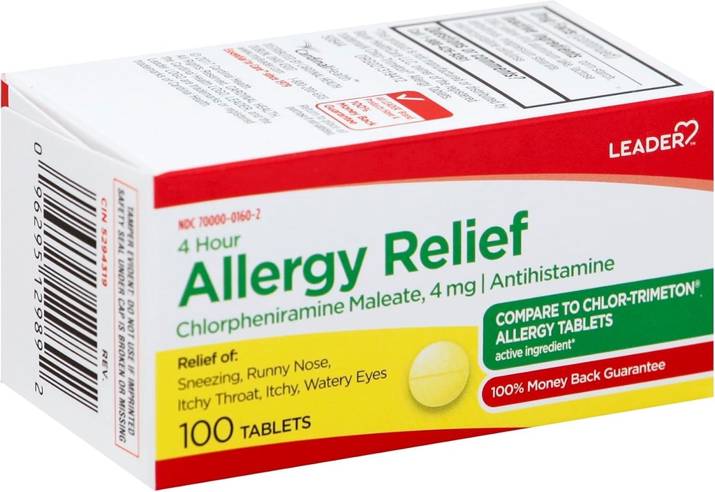 Leader 4 heures de soulagement de l'allergie, chlorphéniramine Maléate 4 mg comprimés, soulagement à action rapide pour éternuer, nez runny, yeux démangeaisons, allergies, 100 comprimés