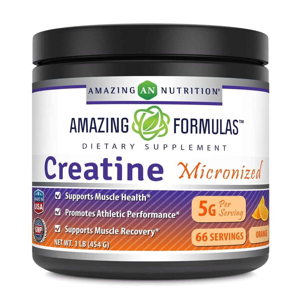 Formules étonnantes Supplément de poudre monohydratée de créatine micronisée $ 5000 mg par portion $ Supplément idéal avant et après l'entraînement $ Made in USA (1 LB, Orange)