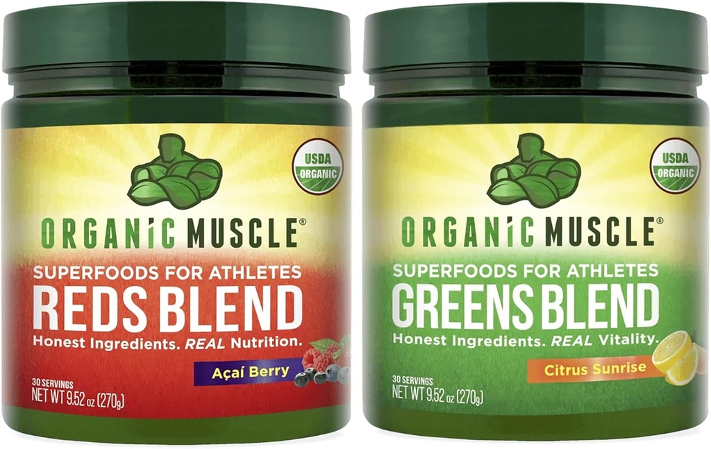 Bio Muscle Vegan Greens and Reds Superfood Powder - USDA Organic & Plant Based Red Juice & Green Juice Powder Bundle for Energy, Focus, Digestion & Immune System - Non GMO 30 Servis
