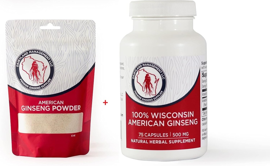 Dairyland American Ginseng Powder 4 oz and Capsules 75 ct Pack of Wisconsin Ginseng – Direct from Farmer to Consumer 西洋参