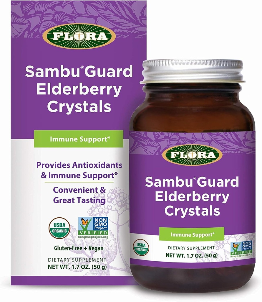 Flora - SambuGuard Elderberry Crystals, bietet Antioxidantien und Immununterstützung, Stärkung Immunität, Detox Body, Boost Energy, 1.7-oz. Pulver