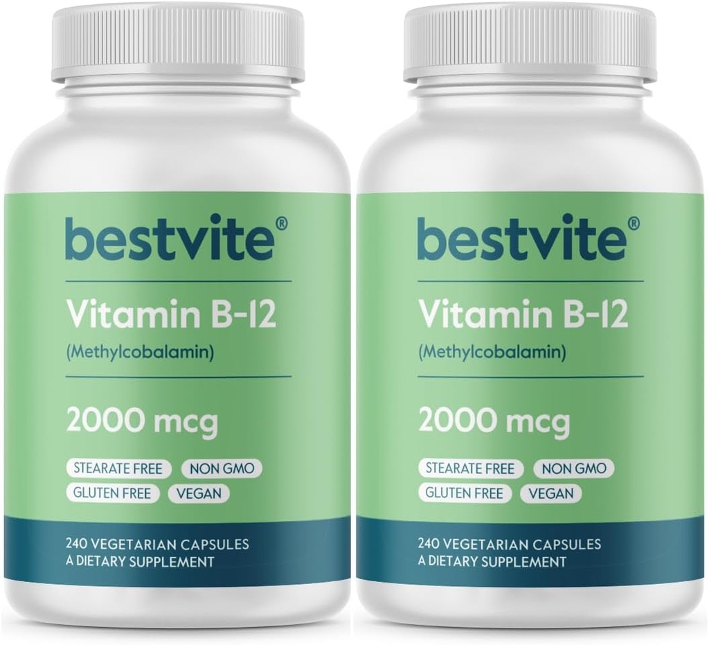 BESTVITE Vitamin B12 (Methylcobalamin) 2000mcg (480 vegetarische Kapseln)(2 x 240) (Methyl B12) - No Stearates - Vegan - Non GMO - Glutenfrei
