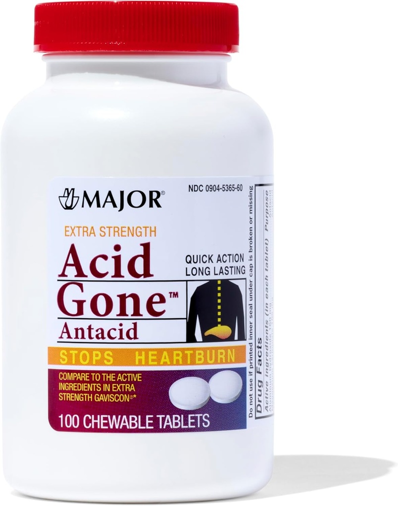 MAJOR Acid Gone Extra Strength Antiacide Comprimés chétifs - Anti-Acide Relief - Acid Reflux Medicine for Adults - Upset Stomach, Acid Indigestion et Heartburn Relief - Long Lasting - 100 Compte