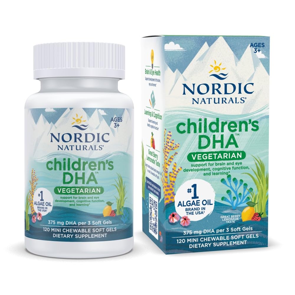 Nordic Naturals Kinder DHA Vegetarier - Kinder DHA Omega-3 Supplement -Algae Oil - Berry Lemonade Mini Chewables - Pflanzenbasierte Formel für Alter 3+ - 120 Weichgele - 40 Servietten