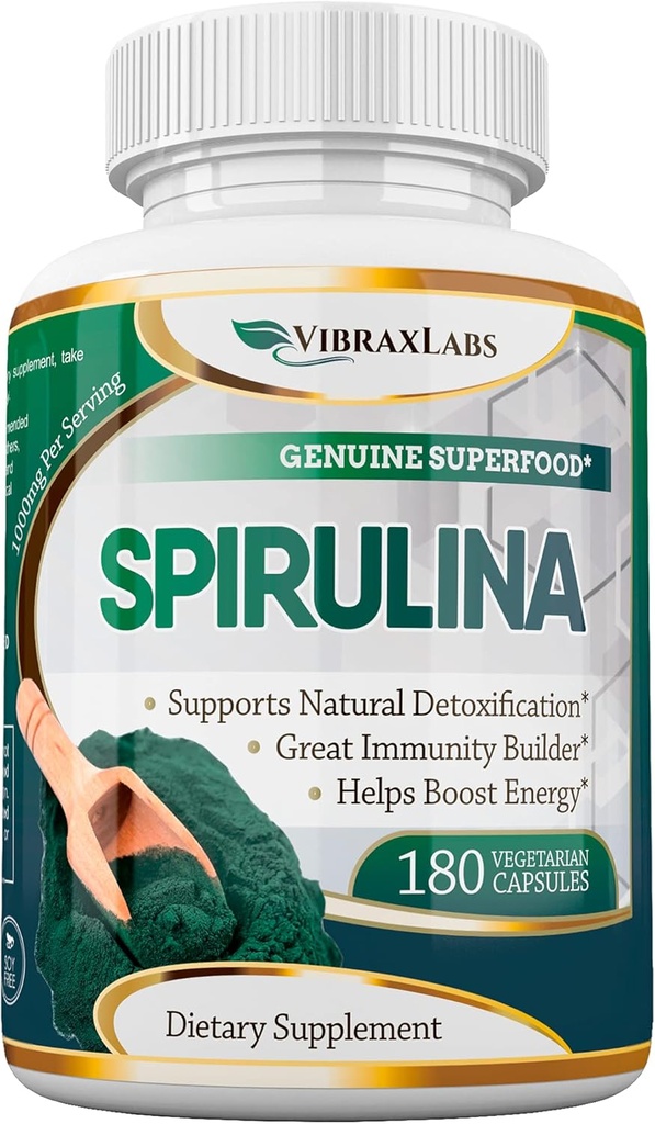 vibraxlabs Spirulina Kapseln – 100% reine 1000mg Servieren (500mg Veggie Kapseln) Pulver-Ergänzung, unterstützt natürliche Entgiftung, Vorteile Gesundheit auf einer zellulären Ebene, Best mit Chlorella