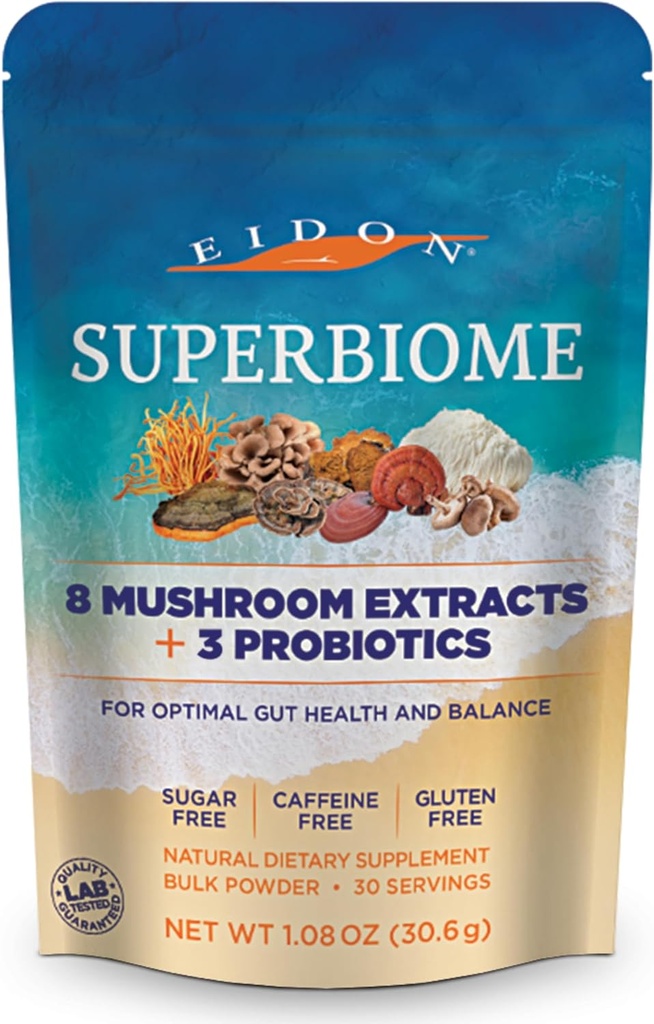 Eidon SuperBiome, Pilz Probiotika Pulver Mischung, Gut Balance, Microbiome Health Supplement mit Bio Reishi, Chaga, Lion's Mane, Cordyceps, Türkei Tail, Shitake, Maitake, Phelinus, 30 Servierungen