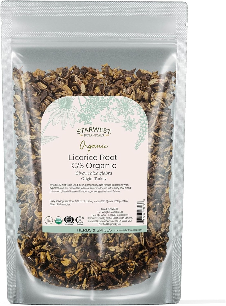 Starwest Botanicals Organic Dried Licorice Root - Kräuter für Loose Blatt Tee Blends, Candy, & Baked Goods, Cut & Sifted, Certified Kosher, Non-GMO - 4 oz Pouch