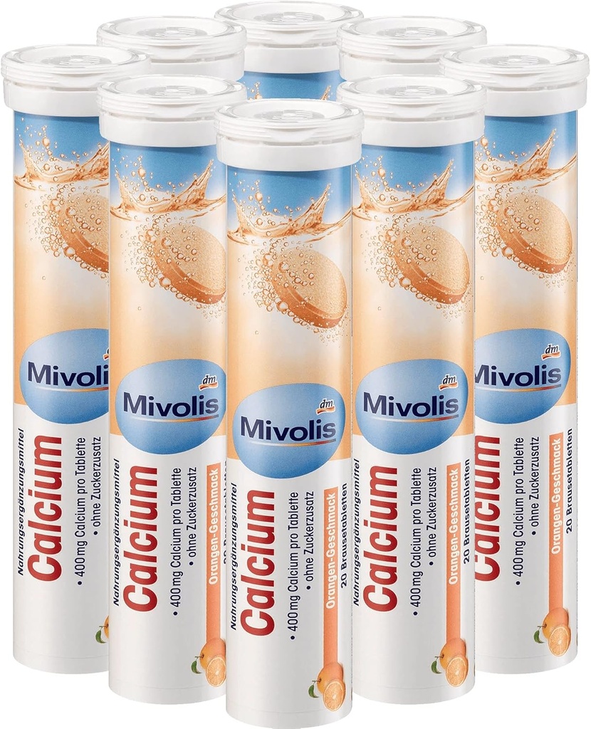 Mivolis Kalzium Brausetabletten - Nahrungsergänzungsmittel 8 Tuben x 20 Stück | Deutschland
