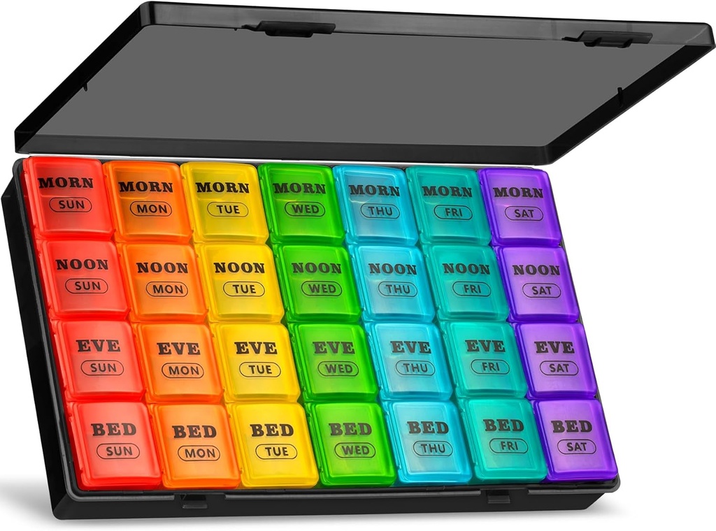 XL Large Weekly Pill Organizer 4 fois par jour, 7 jours Pill Boxes and Organizer AM PM, Gros Compartiments Pill Case, Mensuel Medicating Organizer 28 jours Distributeur d'huiles de poisson