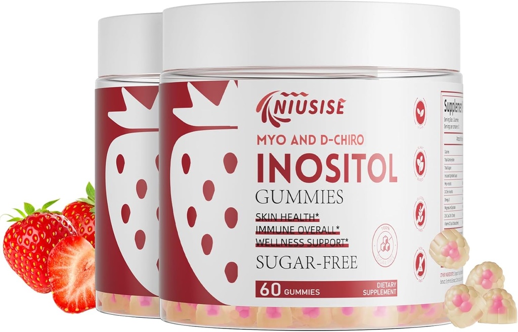 Inositol Gummies, Supplément Inositol avec Myo-Inositol & D-Chiro Inositol + Vitamine D3, Idéal rapport 40:1, avec Magnésium Glycinat 400mg, soutient le cycle régulier pour les femmes, Vegan, 2 Pack