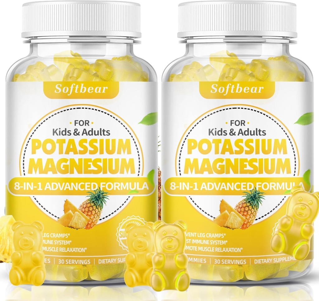 Softbear Potassium Gummi für Erwachsene, Sugar-Free Kalium Magnesium Supplement mit Vitamin B6 CoQ10 für Muskelkräuter Vegan Ananas Flavor 120 Gummis